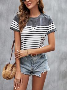 SHEIN LUNE Striped Print Round Neck Tee - Dark Grey - View 5