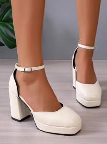 Autumn 2023 Chunky Heel Mary Jane Shoes For Short Women, Waterproof Platform, Round Toe, Hollow Carved Design - White - View 2