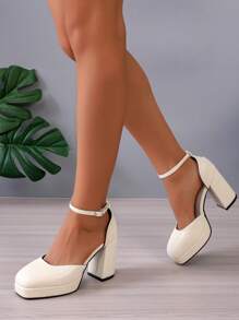 Autumn 2023 Chunky Heel Mary Jane Shoes For Short Women, Waterproof Platform, Round Toe, Hollow Carved Design - White - View 5