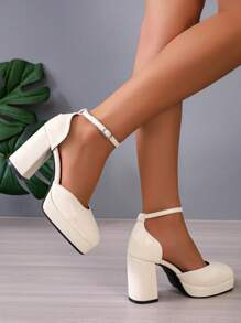 Autumn 2023 Chunky Heel Mary Jane Shoes For Short Women, Waterproof Platform, Round Toe, Hollow Carved Design - White - View 6