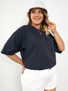 RueChic Plus Slogan Graphic Drop Shoulder Tee - Navy Blue - View 3