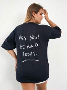 RueChic Plus Slogan Graphic Drop Shoulder Tee - Navy Blue - View 1