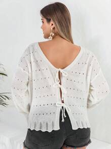 RueChic Hơn Buộc lại Thả vai Dệt kim chấm bi Áo len Mở - Màu be - Xem 1