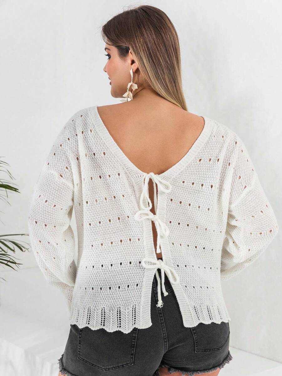 RueChic Hơn Buộc lại Thả vai Dệt kim chấm bi Áo len Mở - Màu be - Xem 1