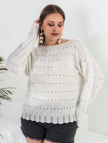 RueChic Hơn Buộc lại Thả vai Dệt kim chấm bi Áo len Mở - Màu be - Xem 2