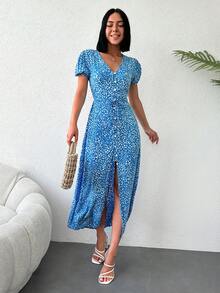 EURMUSE Ditsy Floral Print Button Front Split Thigh Dress - Blue - View 2