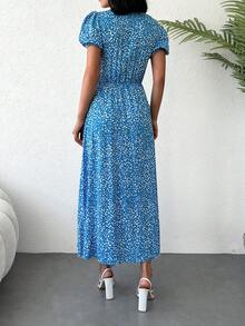 EURMUSE Ditsy Floral Print Button Front Split Thigh Dress - Blue - View 5