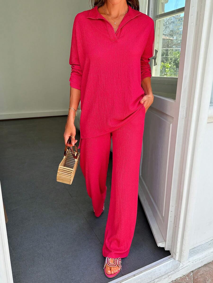 EURMUSE Solid Color Long Sleeve Turn-Down Collar T-Shirt And Straight Pants Two-Piece Set - Pink - View 1