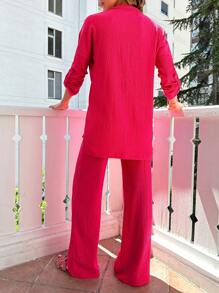 EURMUSE Solid Color Long Sleeve Turn-Down Collar T-Shirt And Straight Pants Two-Piece Set - Pink - View 2