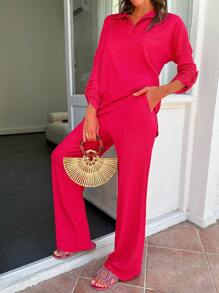EURMUSE Solid Color Long Sleeve Turn-Down Collar T-Shirt And Straight Pants Two-Piece Set - Pink - View 5