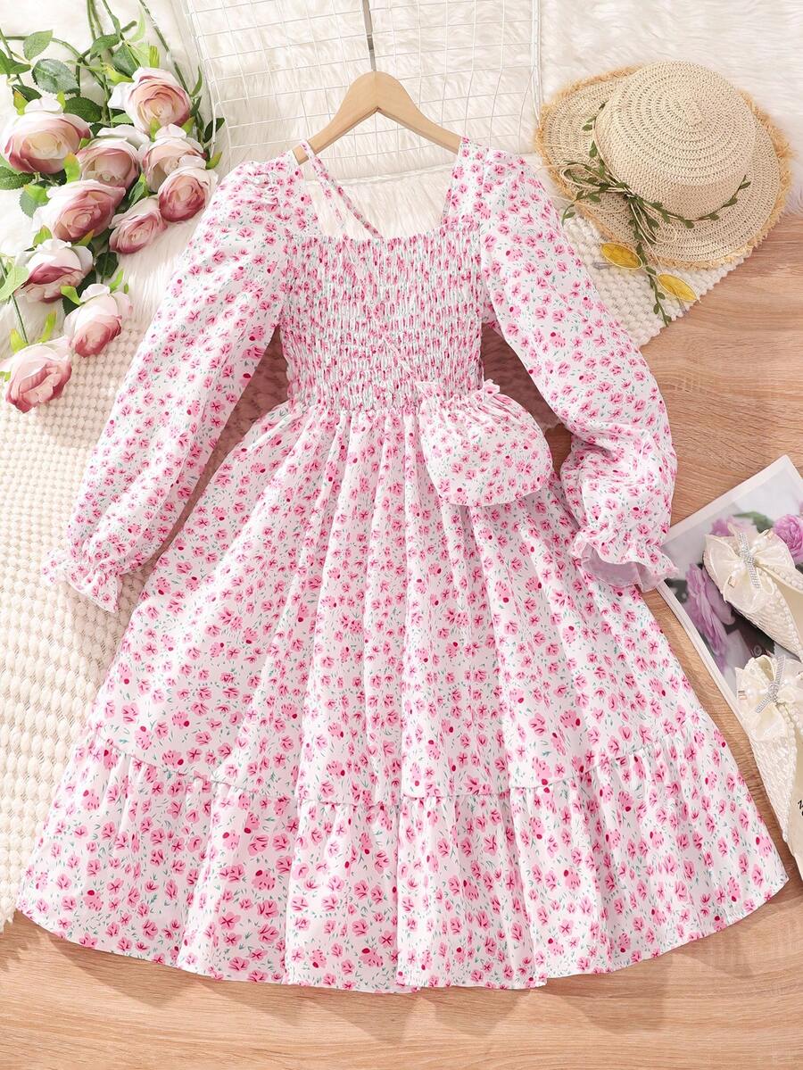 SHEIN Tween Girl Ditsy Floral Print Flounce Sleeve Ruffle Hem Dress - Pink - View 1