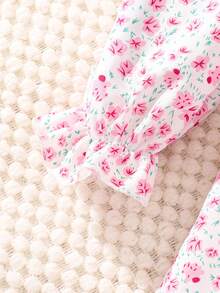 SHEIN Tween Girl Ditsy Floral Print Flounce Sleeve Ruffle Hem Dress - Pink - View 4