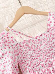 SHEIN Tween Girl Ditsy Floral Print Flounce Sleeve Ruffle Hem Dress - Pink - View 5