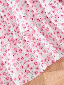 SHEIN Tween Girl Ditsy Floral Print Flounce Sleeve Ruffle Hem Dress - Pink - View 6