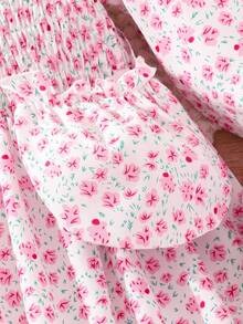 SHEIN Tween Girl Ditsy Floral Print Flounce Sleeve Ruffle Hem Dress - Pink - View 7