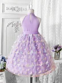 SHEIN Glamorique Kids 女大童蝴蝶貼花網紗邊掛脖連衣裙 - 紫丁香色 - 查看 2