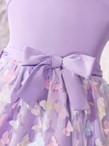 SHEIN Glamorique Kids 女大童蝴蝶貼花網紗邊掛脖連衣裙 - 紫丁香色 - 查看 6