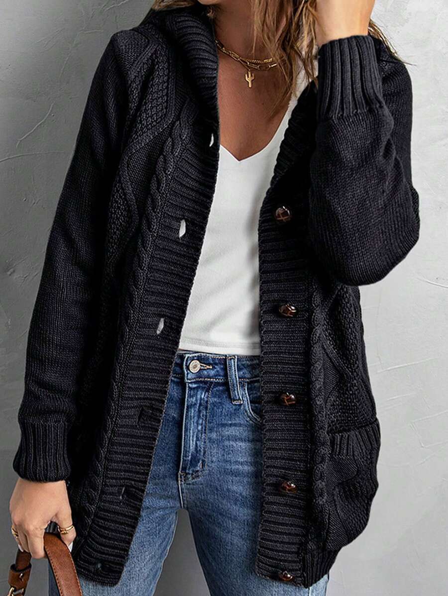 CILKOO Áo khoác cardigan dệt kim kiểu dáng thường ngày cho nữ, có túi, dáng rộng, cài nút, có mũ, tay dài, thích hợp mặc hàng ngày, màu đen trơn.