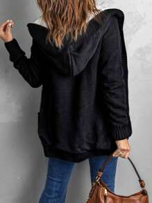 CILKOO Áo khoác cardigan dệt kim kiểu dáng thường ngày cho nữ, có túi, dáng rộng, cài nút, có mũ, tay dài, thích hợp mặc hàng ngày, màu đen trơn. - màu đen - Xem 3