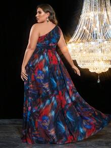 大碼滿地印花一字肩開衩雪紡洋裝 - 彩色 - 查看 2