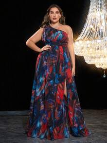 大碼滿地印花一字肩開衩雪紡洋裝 - 彩色 - 查看 3