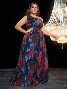 大碼滿地印花一字肩開衩雪紡洋裝 - 彩色 - 查看 6