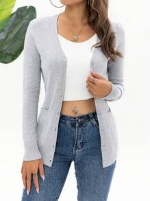 AAmilife Solid Button Front Cardigan,Long Sleeve Tops - Light Grey - View 4