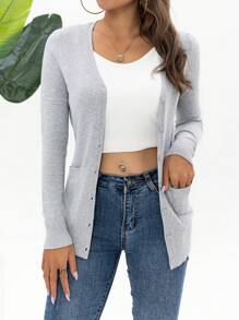 AAmilife Solid Button Front Cardigan,Long Sleeve Tops - Light Grey - View 5