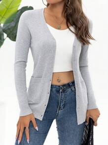 AAmilife Solid Button Front Cardigan,Long Sleeve Tops - Light Grey - View 7