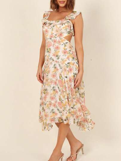 Floral Print Ruffle Trim Cut Out Backless Dress