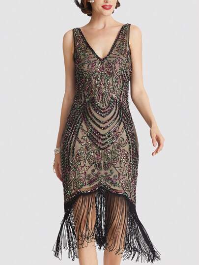 Vintage Flapper Dresses For Women,1920s V Neck Beaded Fringed Dress Cocktail Party Fance Dress Backless Evening Dresses