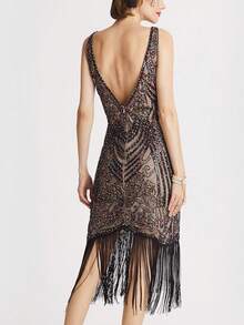 Vintage Flapper Dresses For Women,1920s V Neck Beaded Fringed Dress Cocktail Party Fance Dress Backless Evening Dresses Wedding Vacation Spring - Multicolor - View 2