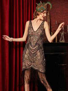 Vintage Flapper Dresses For Women,1920s V Neck Beaded Fringed Dress Cocktail Party Fance Dress Backless Evening Dresses Wedding Vacation Spring - Multicolor - View 3