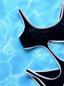 Swim Chiccia Summer Beach Contrast Binding Cut Out One Piece Swimsuit - Black - View 4