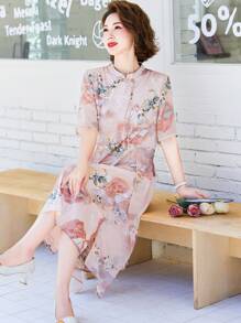1pc Floral Print Cheongsam Dress - Pink - View 1