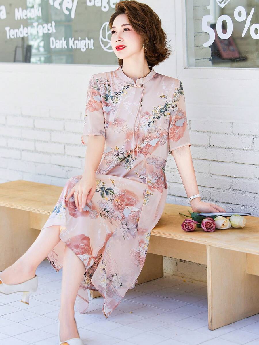 1pc Floral Print Cheongsam Dress - Pink - View 1
