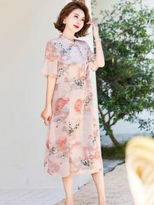 1pc Floral Print Cheongsam Dress - Pink - View 4