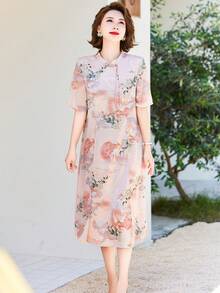 1pc Floral Print Cheongsam Dress - Pink - View 6