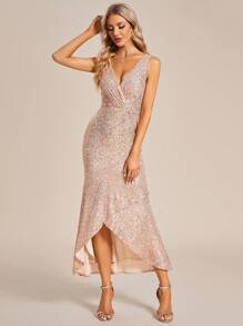 EVERPRETTY Surplice Neck Wrap Hem Sequin Party Dress Formal Wedding Guest Dress Women - Champagne - View 3