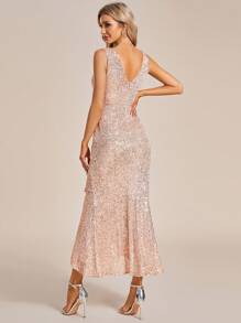 EVERPRETTY Surplice Neck Wrap Hem Sequin Party Dress Formal Wedding Guest Dress Women - Champagne - View 2