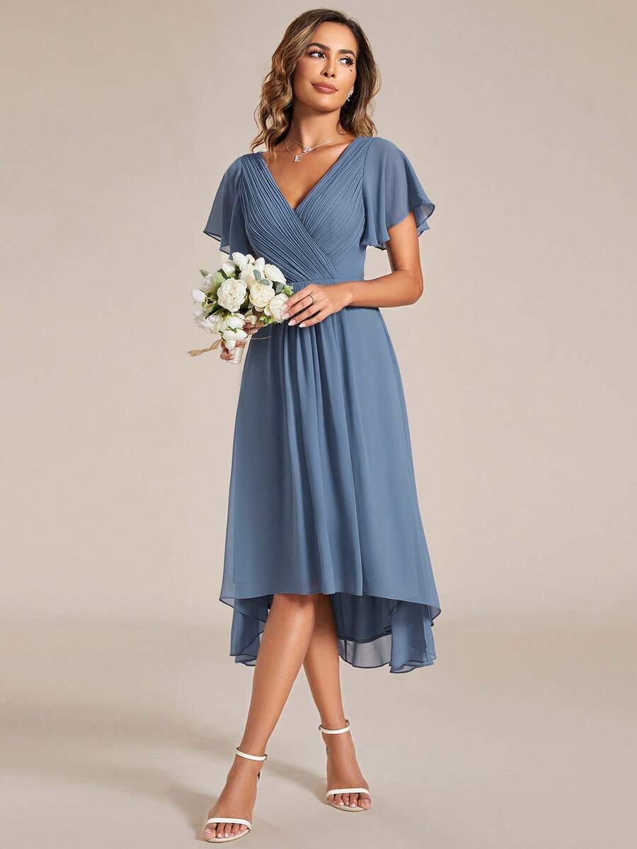 EVERPRETTY Surplice Neck Butterfly Sleeve High Low Hem Party Bridesmaid Dress