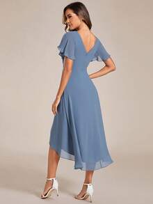 EVERPRETTY Surplice Neck Butterfly Sleeve High Low Hem Party Bridesmaid Dress - Dusty Blue - View 3