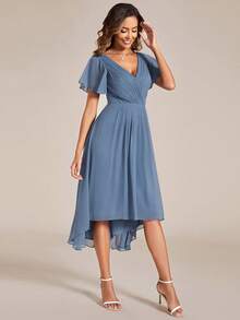 EVERPRETTY Surplice Neck Butterfly Sleeve High Low Hem Party Bridesmaid Dress - Dusty Blue - View 5