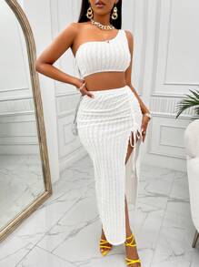 AIJ Amarilo Textured Knit Asymmetrical Shoulder Crop Top And High Slit Skirt Set - White - View 6