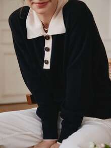 Simple Retro 拼接Polo領落肩袖套頭毛衣 - 黑色 - 查看 3