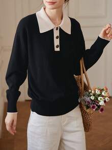 Simple Retro 拼接Polo領落肩袖套頭毛衣 - 黑色 - 查看 4