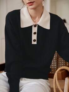 Simple Retro 拼接Polo領落肩袖套頭毛衣 - 黑色 - 查看 5