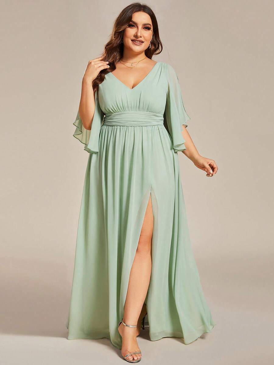 EVERPRETTY Plus Size Chiffon Ruched Waist Short Sleeve Slit Thigh Sage Green Bridesmaid Dress, Elegant Wedding Guest Party Dress Spring - Mint Green - View 1