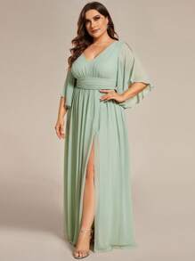 EVERPRETTY Plus Size Chiffon Ruched Waist Short Sleeve Slit Thigh Sage Green Bridesmaid Dress, Elegant For Autumn Wedding Guest Party, Mother Of The Bride Dresses, Valentine's Day Dresses For Women - Mint Green - View 4