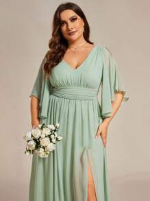 EVERPRETTY Plus Size Chiffon Ruched Waist Short Sleeve Slit Thigh Sage Green Bridesmaid Dress, Elegant For Autumn Wedding Guest Party, Mother Of The Bride Dresses, Valentine's Day Dresses For Women - Mint Green - View 5